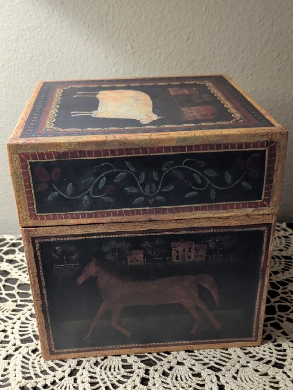 Folk Art Pig Rooster Cow Sheep Barnyard Decorative Storage Box - Bob's Boxes - Picture 2 of 9